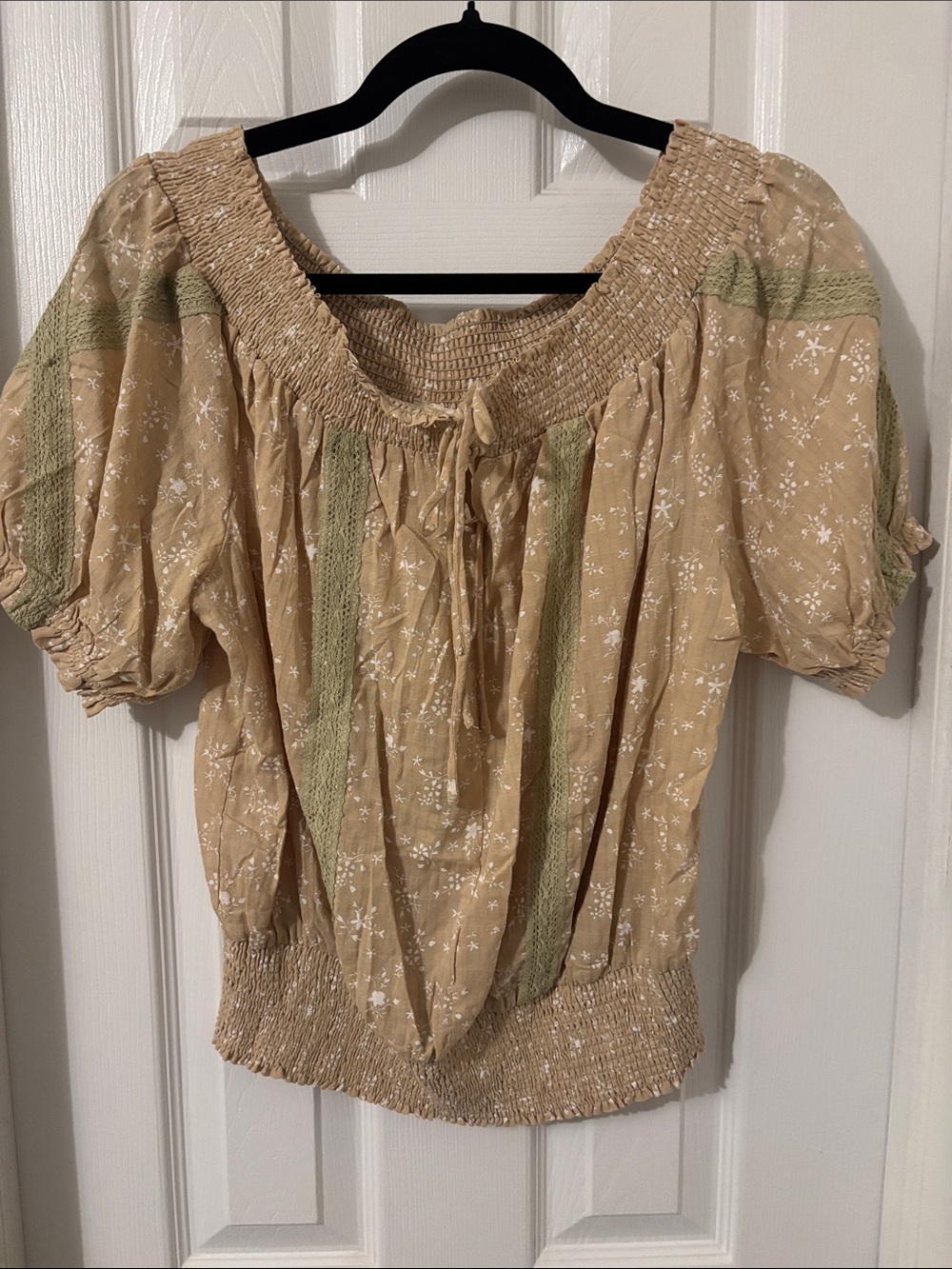 easel Beige Floral Smocked Peasant Blouse with Green Trim